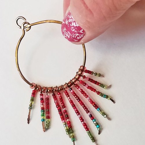 Debbie Blair's Red Poppy Hoop Earrings with Beaded Fringe - , Contemporary Wire Jewelry, Loops, Wire Loop, Wrapped Wire Loop, Bend the free end of the wire on the hoop 